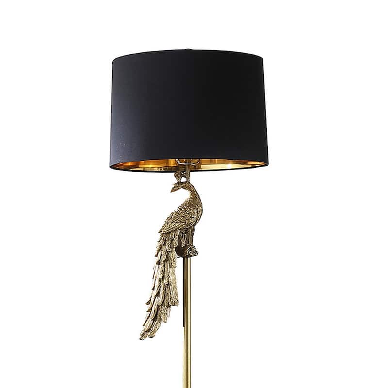 65 Inch Floor Lamp, Peacock, Linen Drum Shade, Pedestal Branch, Gold Finish