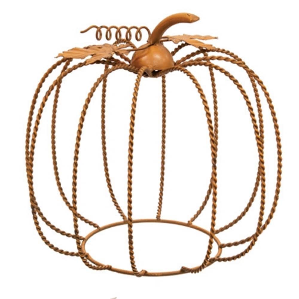 9” Twisted Metal Pumpkin with Cutout Leaves and Spiral Stem Rustic Fall Home Decoration - 9" H x 9.5"Dia