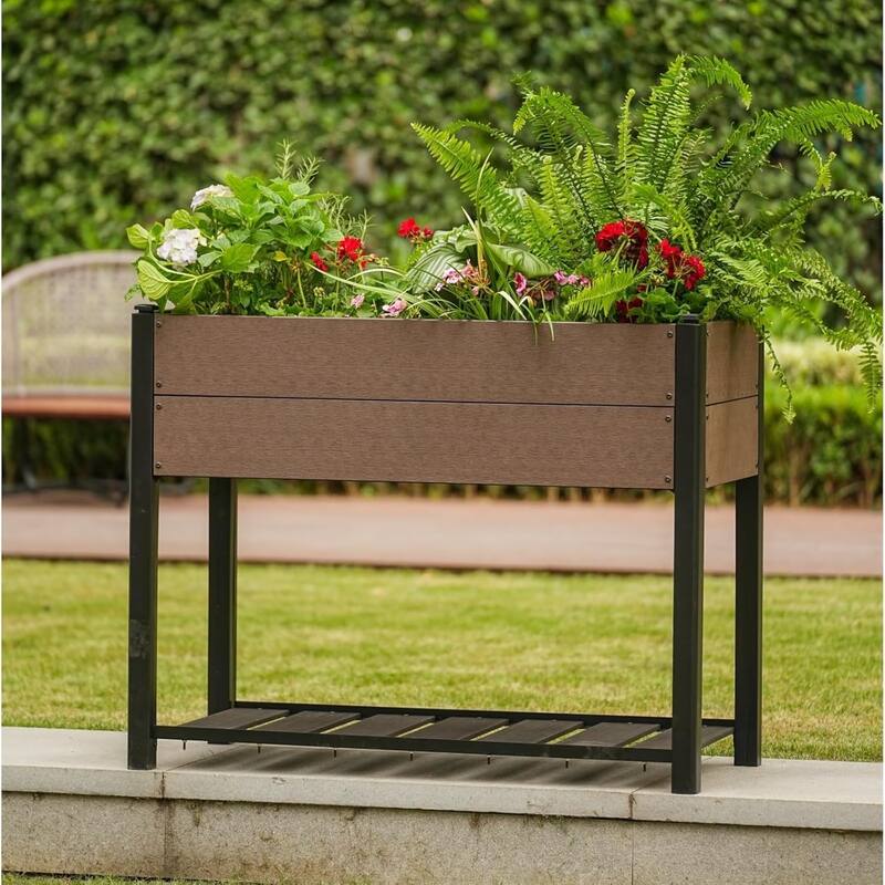 49x49x85cm HDPE Elevated Garden Bed with Storage Shelf - Wood Grain Planter Box with Aluminum Frame
