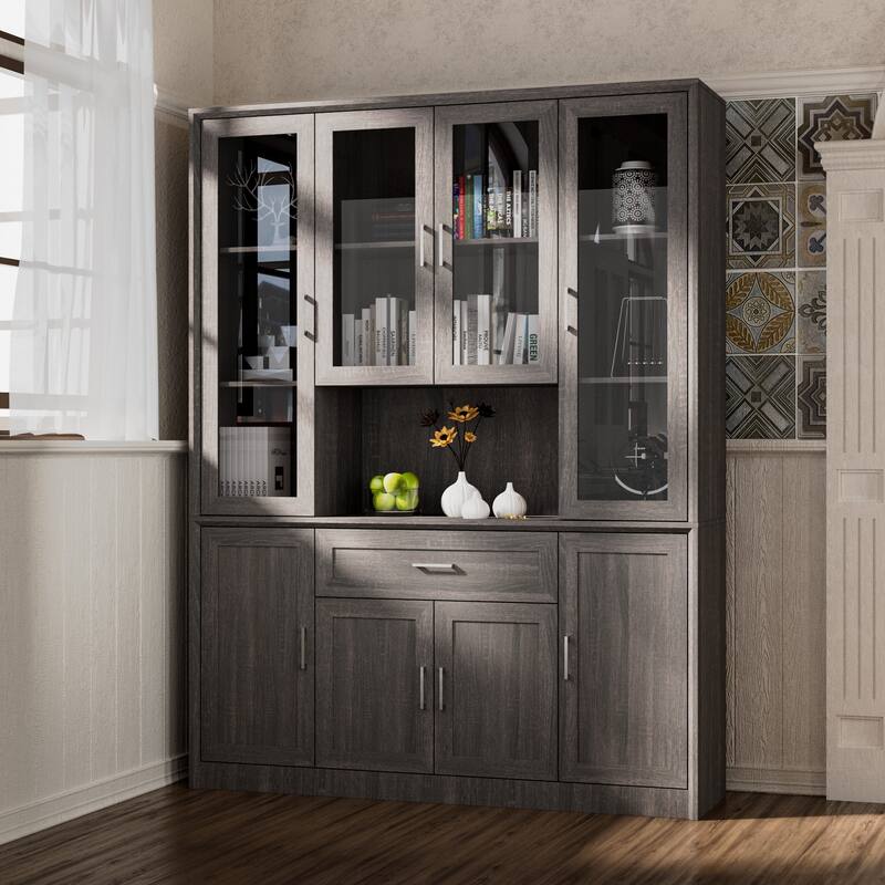 Modular Glass Door Bookcase Wall Unit with Storage Cabinets and Drawers, Dark Oak Display Hutch for Living Room or Home Office - 60.6"Wonly