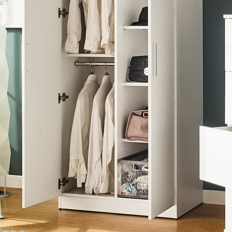 Viviane Contemporary Wood Closet with Hanging Bars and Five Shelves in White - 74"H x 32"W x 19.7"D