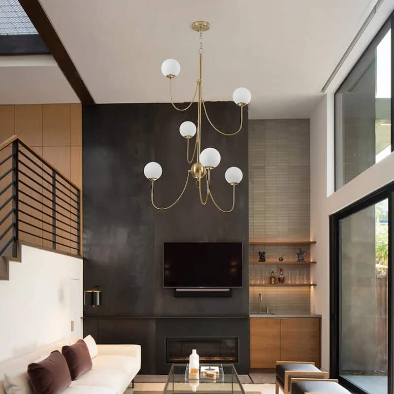 6-light Mid - Century Modern Gold Chandelier, Multi - Arm Globe Glass Pendant Light