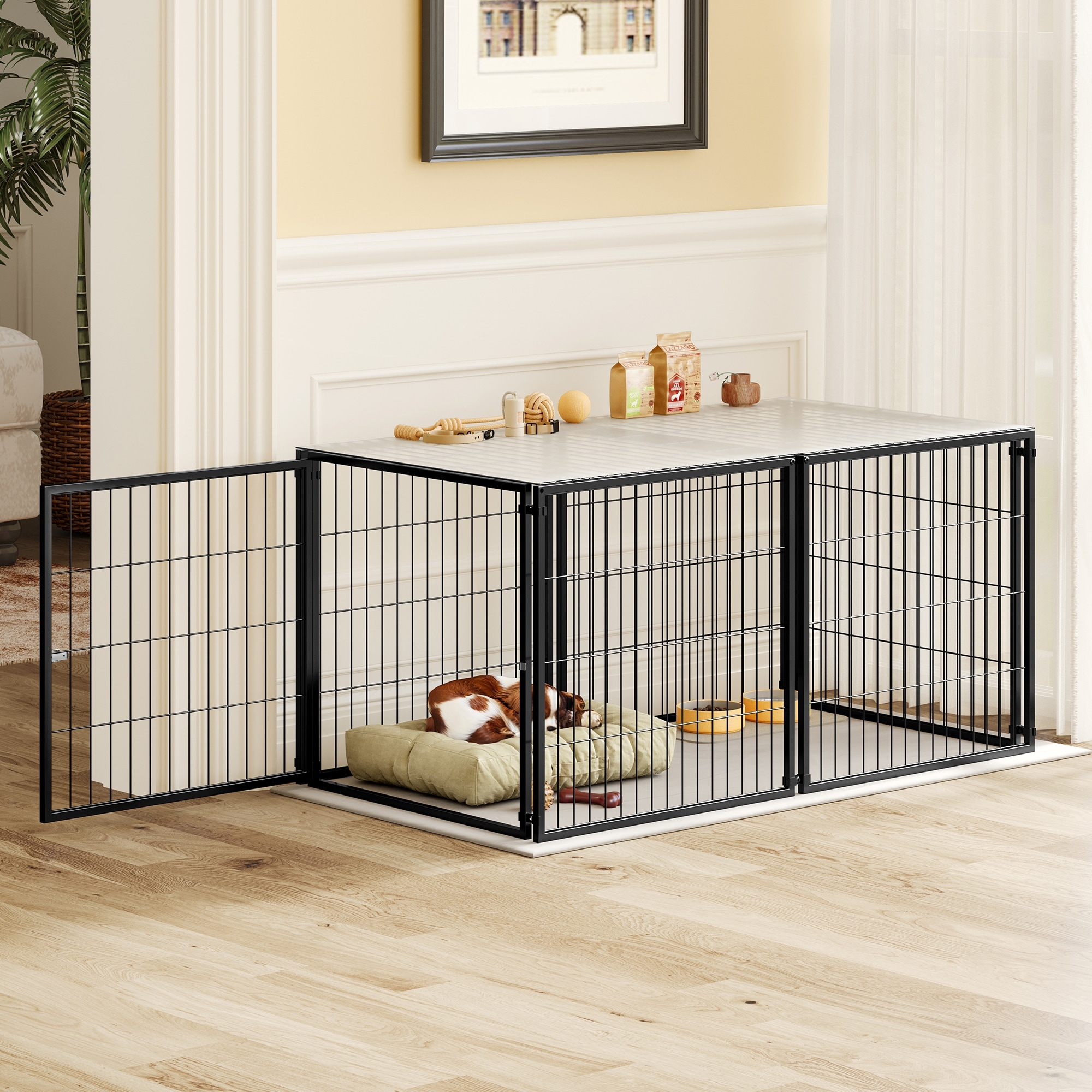 48" Iron Dog Kennel with Top, Pet Cage Indoor Outdoor Kennel