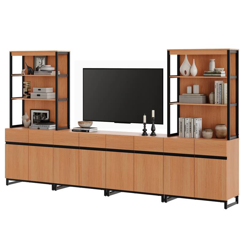 WAMPAT Modern TV Stand with 3 Tiers Bookshelf, Farmhouse Entertainment Center with 4 Large Storage Cabinets and Adjustable Shelf