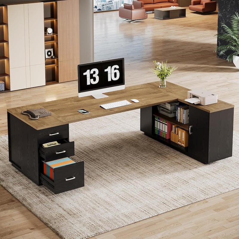 85.8" L-Shaped Executive Desk, Extra Large Office Desk with Drawers