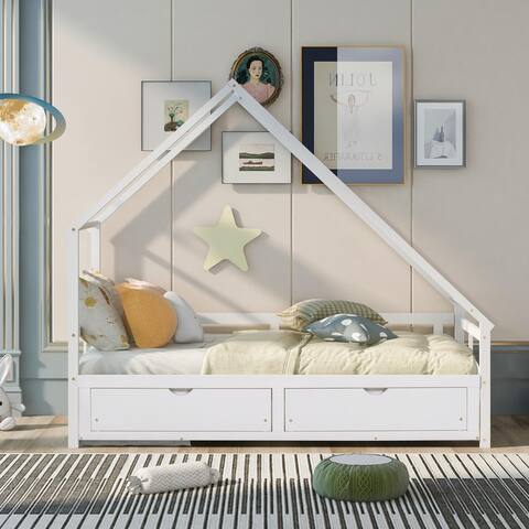 White Extending Wooden House Bed with Two Drawers