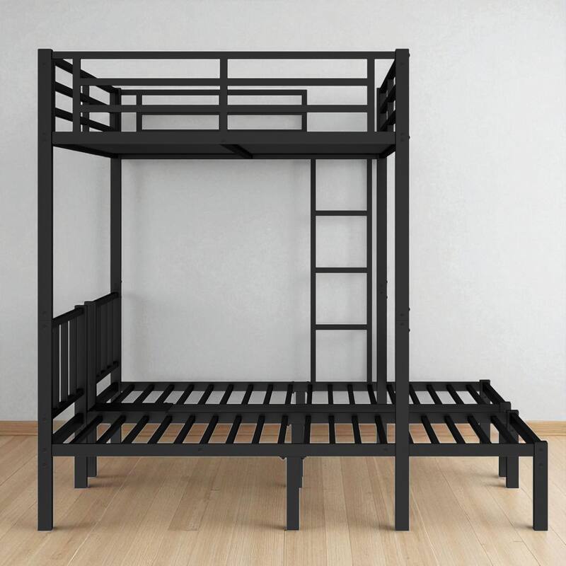 Metal Triple Bunk Bed, Twin Over Twin & Queen, Convertible to 3 Beds with Safety Rails, Ladder, and Shelf