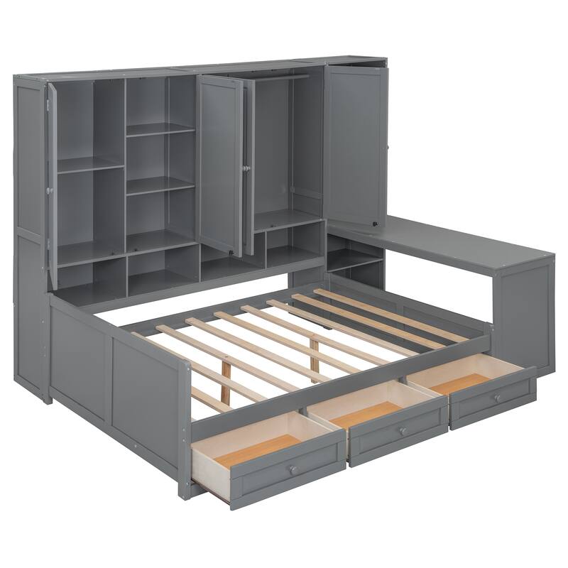 Wooden Daybed Frame All-in-One Bookcase Captains Bed with Storage Cabinet, Wardrobe, Side Writing Desk and 3 Bottom Drawers