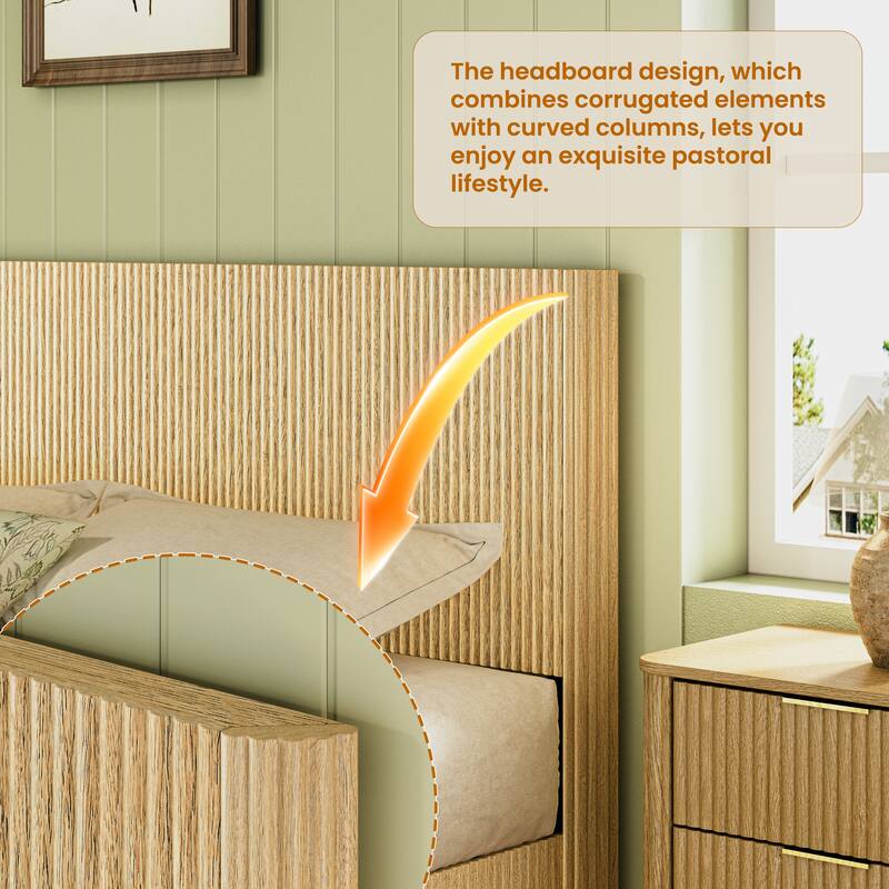 Low Profile Bed Frame with High Headboard, LED Light Strip Under Bed, Wooden Corrugated Curved Platform Bed, Metal Frame Support