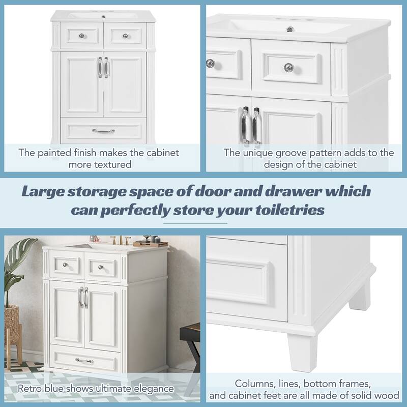 24" Bathroom Vanity with Ceramic Sink,Solid Wood Frame Bathroom Storage Cabinet with Soft Closing Doors,Retro Style