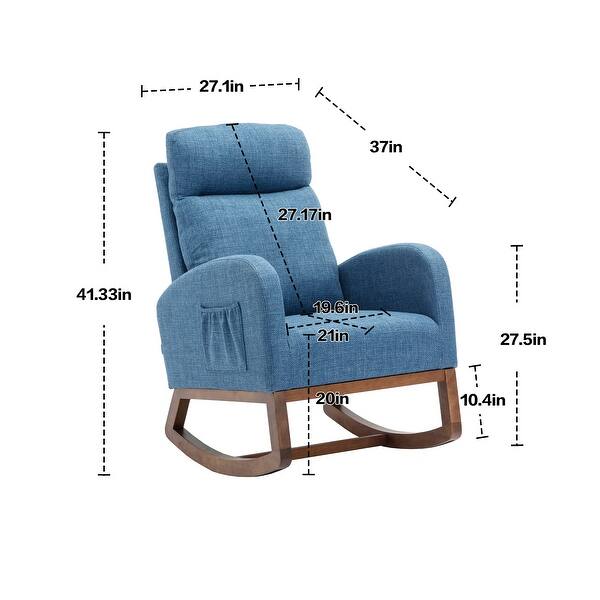 Solid Wood Rocking Chair Blue Linen Armchair High Back Accent Chair ...