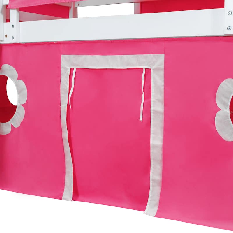 Twin Size Loft Bed with Slide Pink Tent and Tower