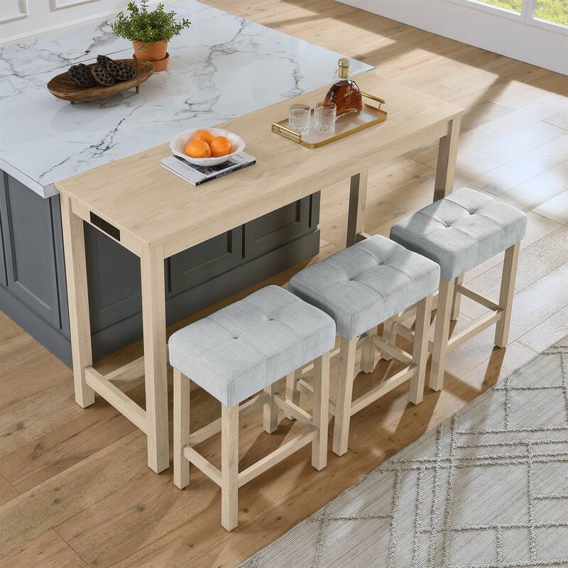 59 Inch 4 Piece Bar Table and Chair Set,Bar Table, Dining Table with Power Outlet, 3 Upholstered Stools