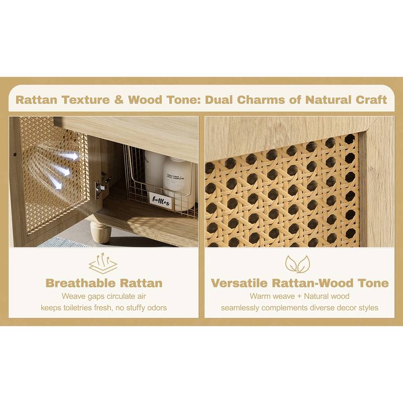 30-Inch Bathroom Vanity: Handwoven Rattan Doors, Solid Wood Legs & Resin Basin