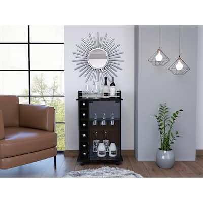 Vegas Bar Cart, Two Tier Cabinet With Glass Door, Six Cubbies For Liquor