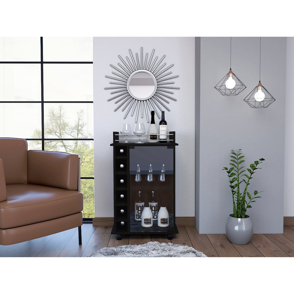 Vegas Bar Cart, Two Tier Cabinet With Glass Door, Six Cubbies For Liquor