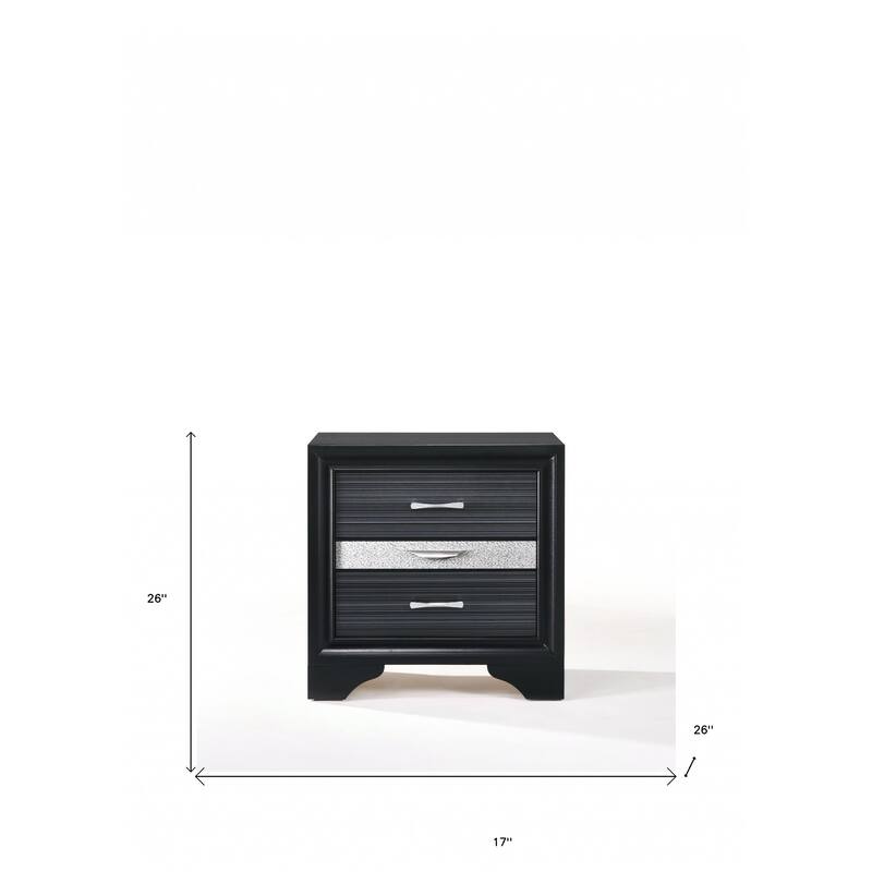 Black Rubberwood Contemporary 3-Drawer Nightstand with Metal Accents