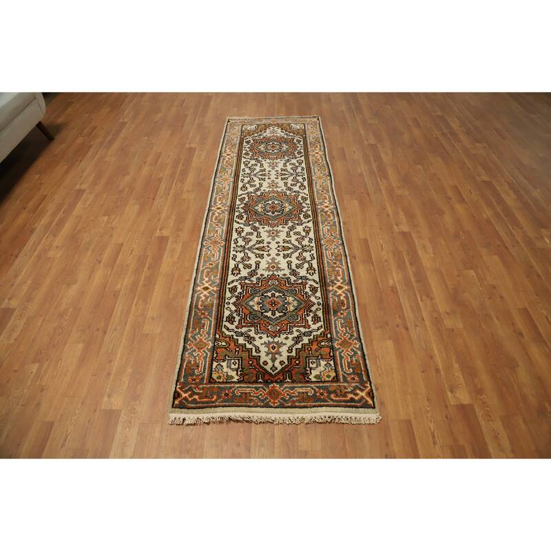 Hand Knotted Oriental 100% Wool Carpet Traditional Geometric Beige & Ivories Heriz (serapi) Runner Rug - 8' 1'' X 2' 7''