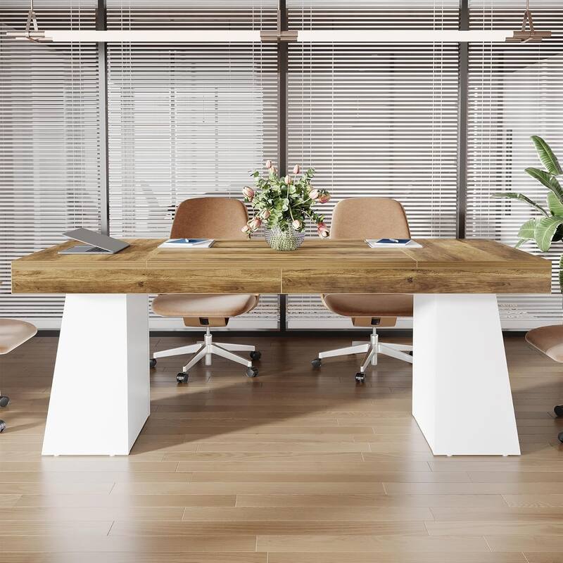 Conference Table, Modern Meeting Table with Thick Tabletop and Trapezoidal Legs