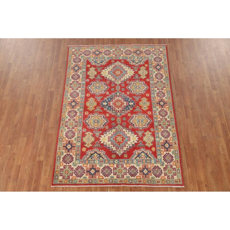 Geometric Red Kazak Area Rug Hand-Knotted Traditional Wool Carpet - 4'11" x 7'1"
