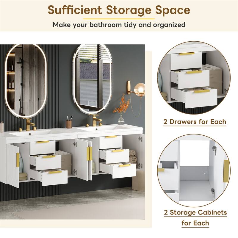 72" Wall Mounted Floating Bathroom Vanity with Storage Cabinet and Drawers