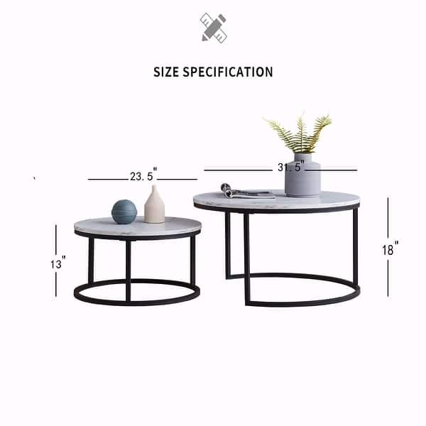 Modern Nesting Coffee Table,Black Metal Frame with Marble Color Top