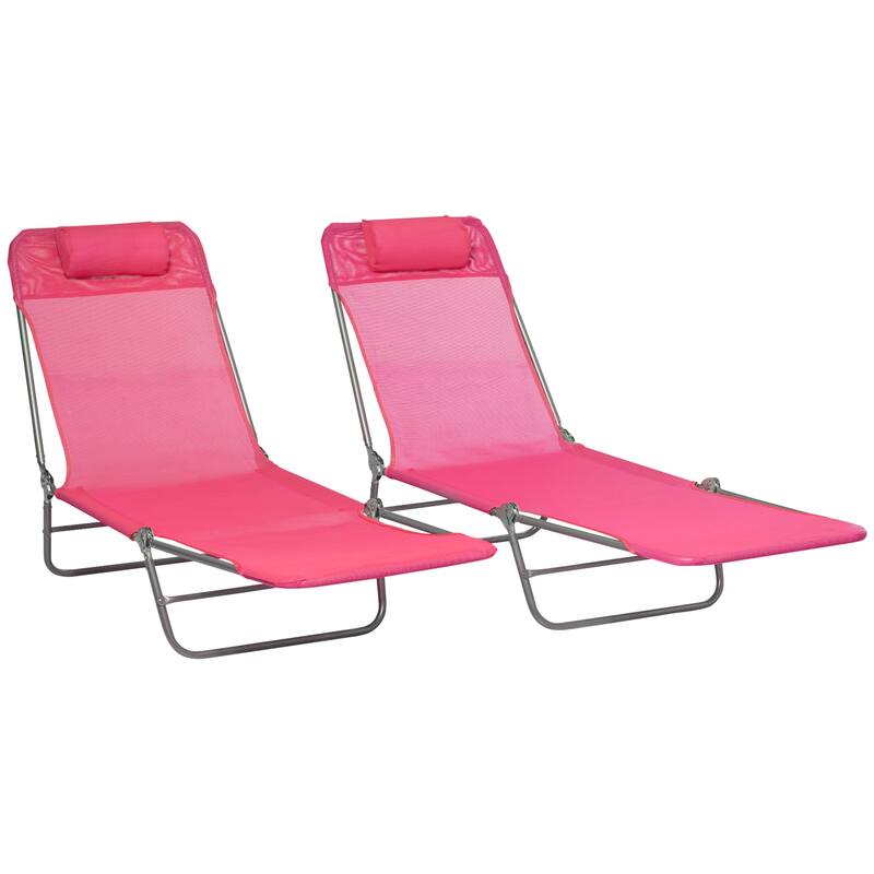 Outdoor Folding Chaise Lounge Chairs with 6-Position Reclining Back, Breathable Mesh Seat, Headrest, Set of 2 - Pink