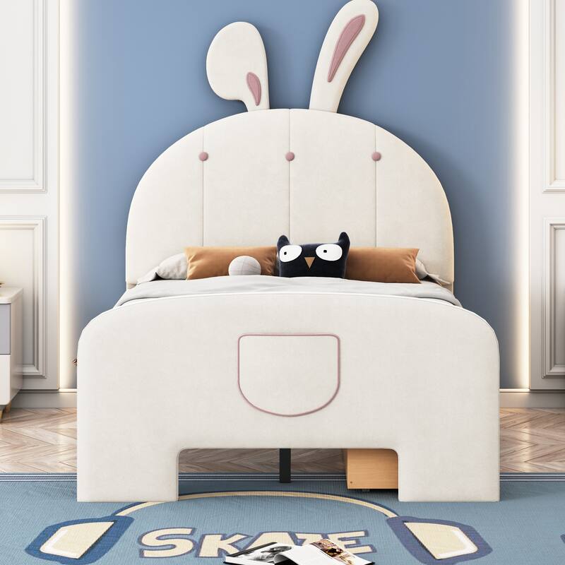 Adorable Velvet Platform Bed for Kids, Bunny Design with Drawers and Bed-End Storage Pockets, Twin/Full