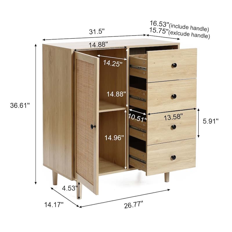 White Oak Finish Wood and Rattan 1-Door 4-Drawer Storage Cabinet - 36.61" H x 31.5" W x 16.53" D