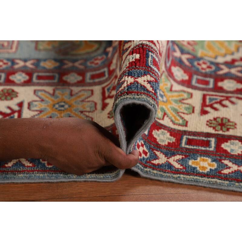 Hand Knotted Oriental 100% Wool Carpet Traditional Geometric Navy Blue & Blues Kazak Area Rug - 9' 8'' X 6' 6''