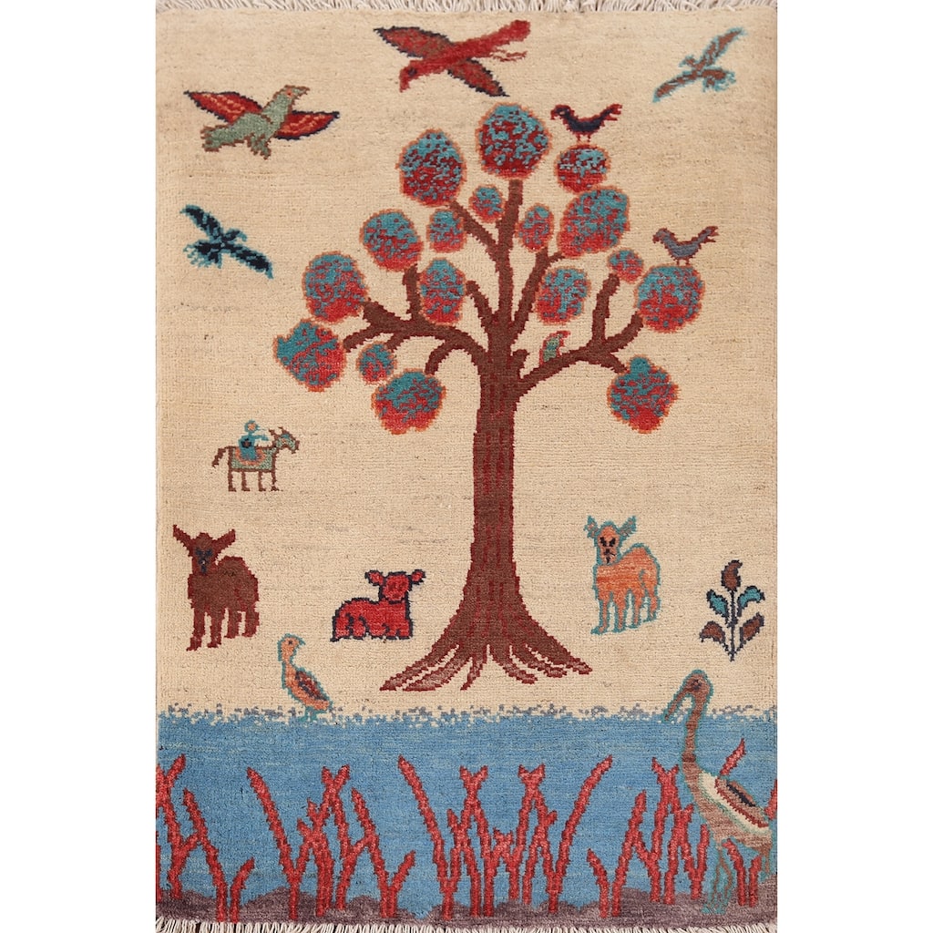 Animals Pictorial Ziegler Oriental Foyer Rug Handmade Wool Carpet - 2'1" x 3'0"