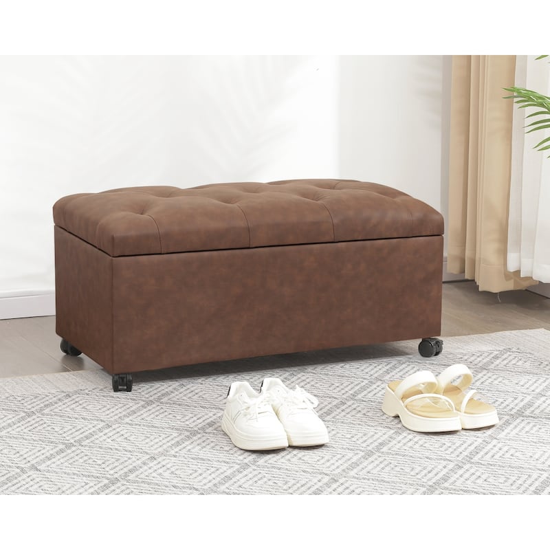 Adeco 35" Storage Ottoman Tufted Faux-Leather Lifted Top Bench