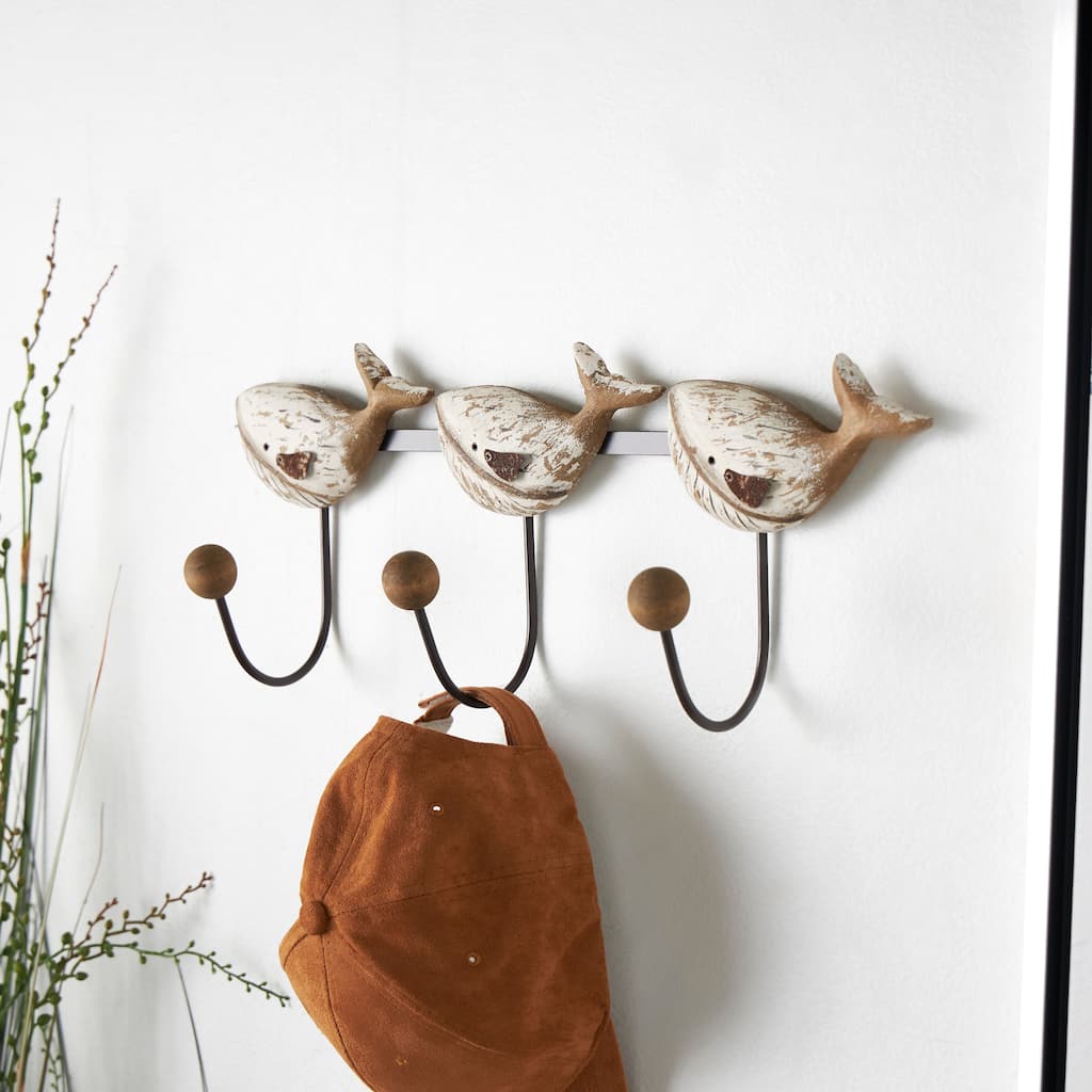 White Wooden 5 Hangers Wall Hook with Multi Colored Hooks