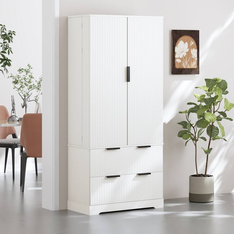 71.65" H Fluted Kitchen Pantry Cabinet, Freestanding Storage Cabinet Buffet Sideboard with 2 Large Drawers & 8-Door Spice Rack