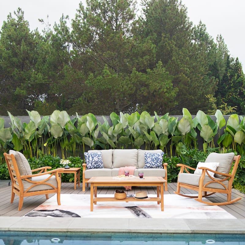 Cambridge Casual Lowell 5-piece Teak Wood Outdoor Conversation Set - Natural Teak/Beige Cushion - 5-Piece Rocking Conversation Set