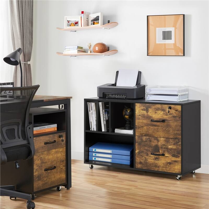 Yaheetech Rolling File Cabinet with 2 Drawers and 2 Open Shelves