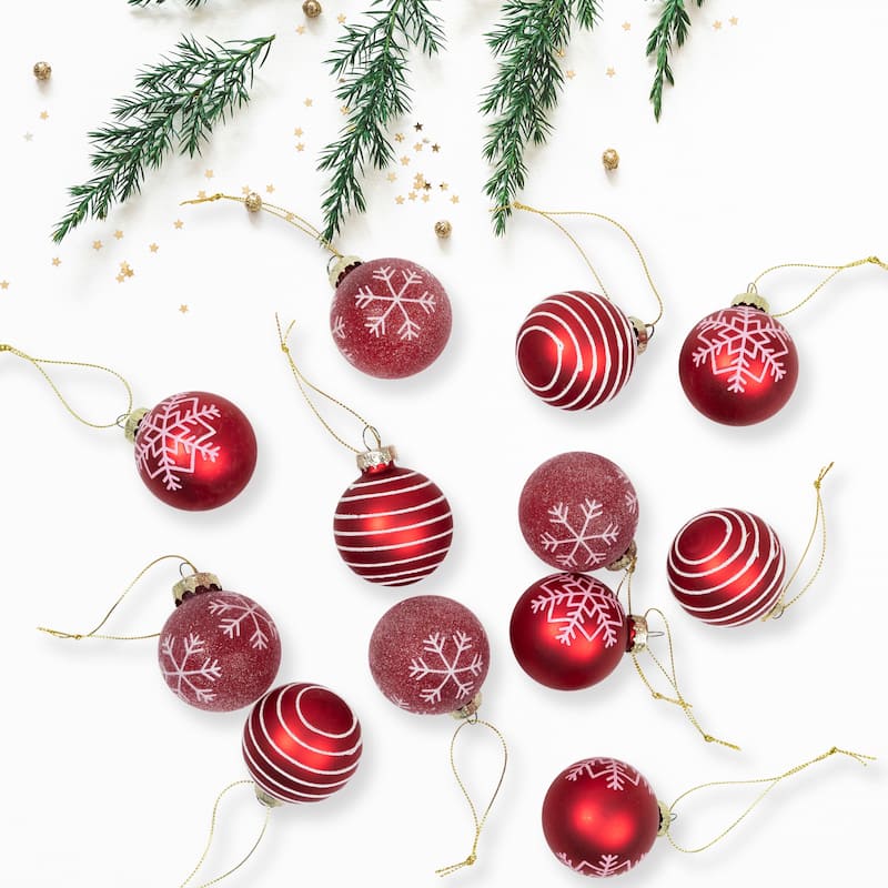 Snowflakes and Striped Glittered Glass Christmas Ornaments - 1.75-Inch (45mm) - Red - 12ct