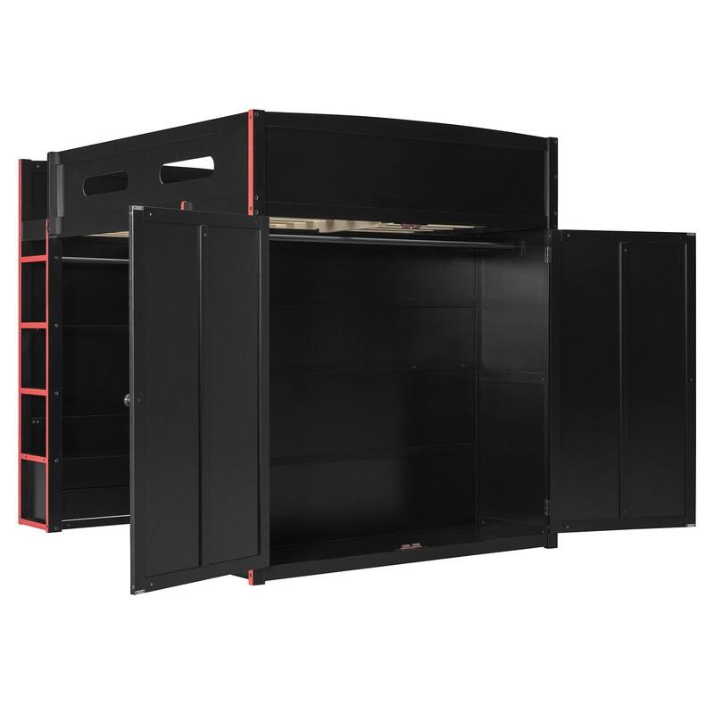 Full Size Versatile Loft Bed w/ Built-in Desk w/ Charging Station, Wood Storage Gaming Bed Frame w/ Wardrobe and Drawer