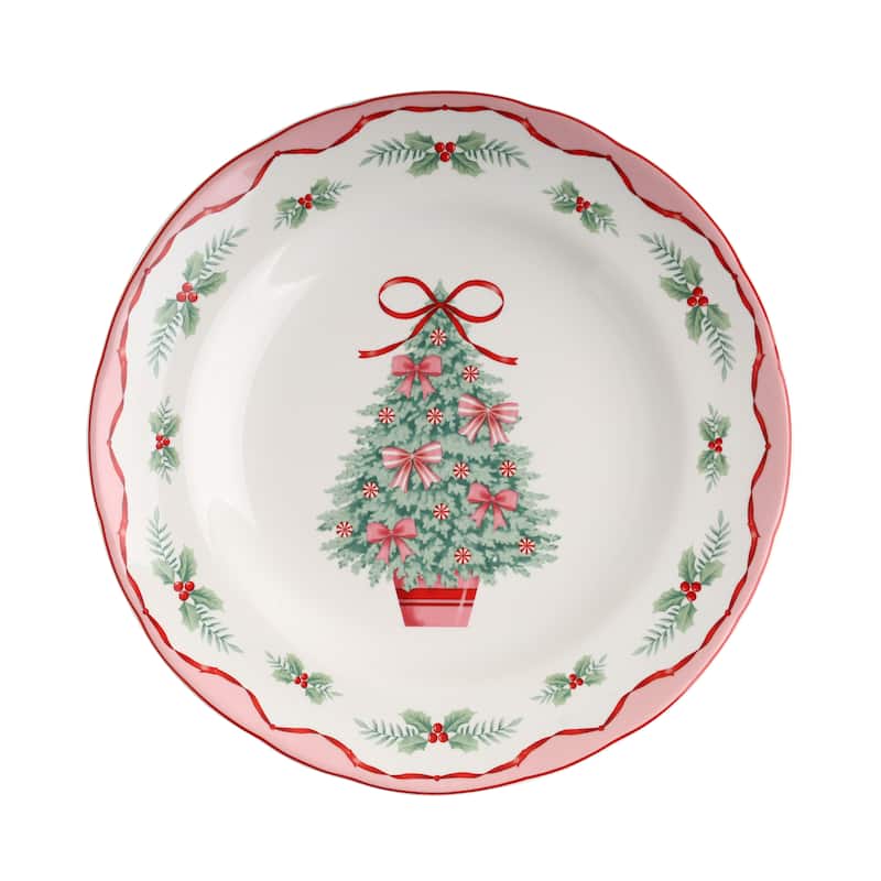 222 Fifth Pinkmas 12-Piece Porcelain Dinnerware Set for 4, White/Pink Christmas Ceramic Dishes