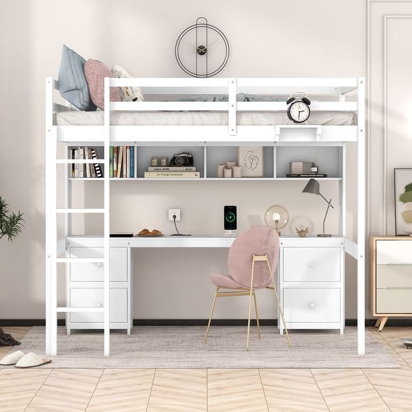 slide 2 of 34, Full Size Loft Bed with Desk with Charging Station,Cabinets and Storage Drawers White