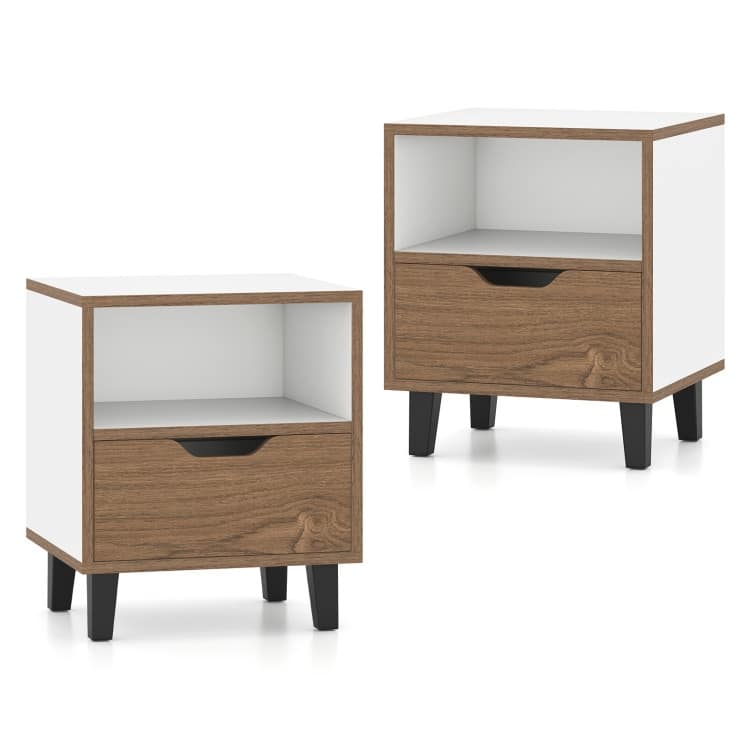 Natural and White Nightstand with 3 Tier Storage, Metal Legs and Color-Blocked Design Set of 2
