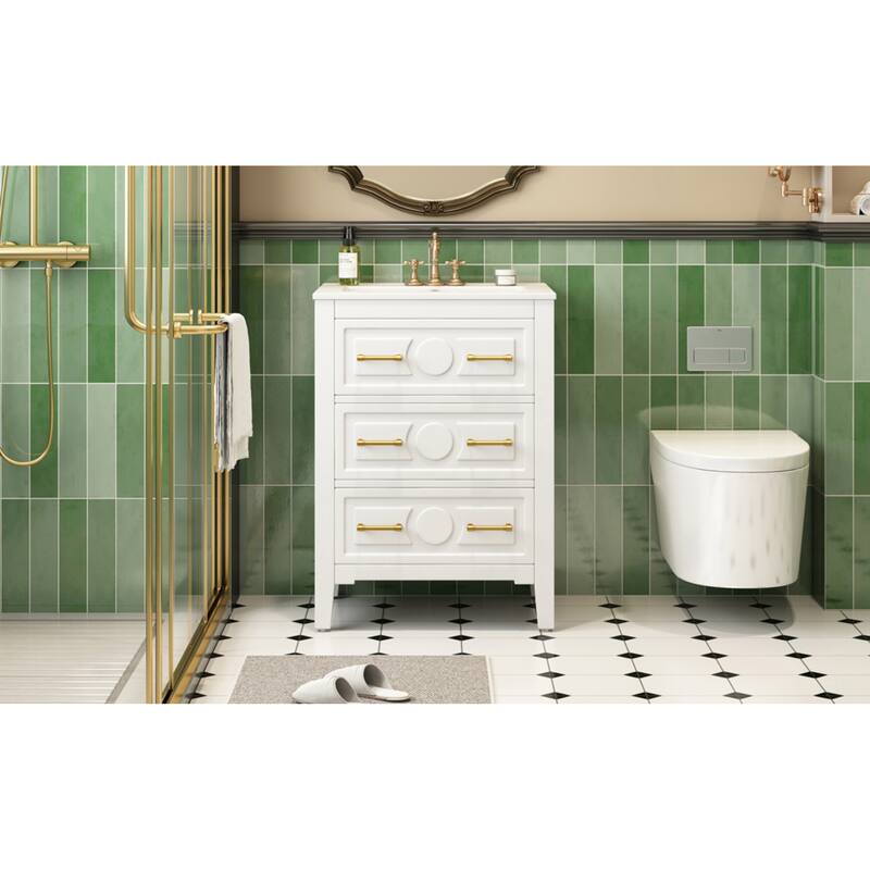 Roomfitters 24 Inch Bathroom Vanity with Ceramic Sink Combo, Free Standing Solid Wood Frame Cabinet with 3 Sliding Tiers