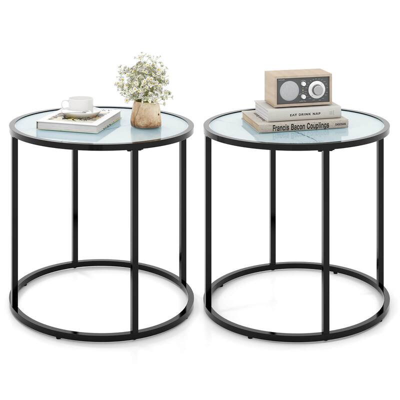Gymax 2PCS Glass End Table 20'' Round Side Table w/ Metal Frame & Faux - Black - Glass