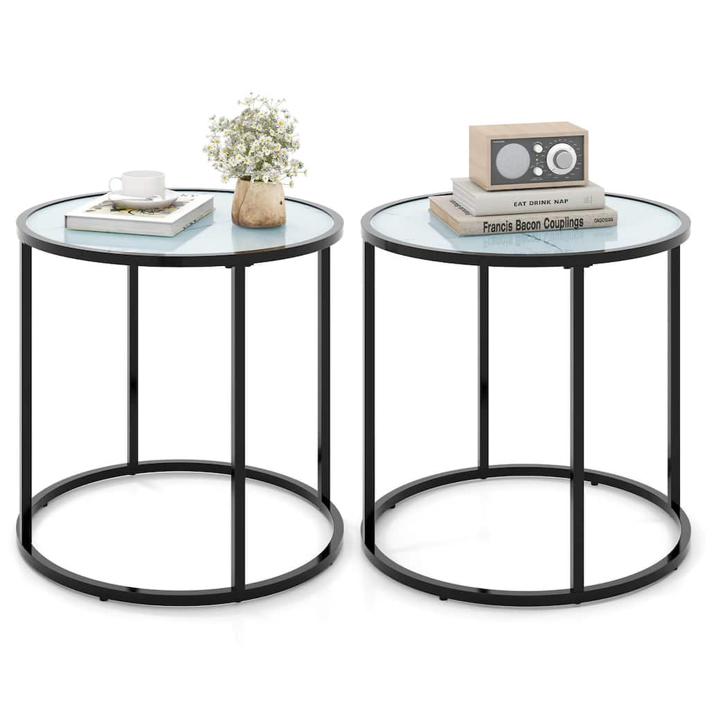 Gymax 2PCS Glass End Table 20'' Round Side Table w/ Metal Frame & Faux