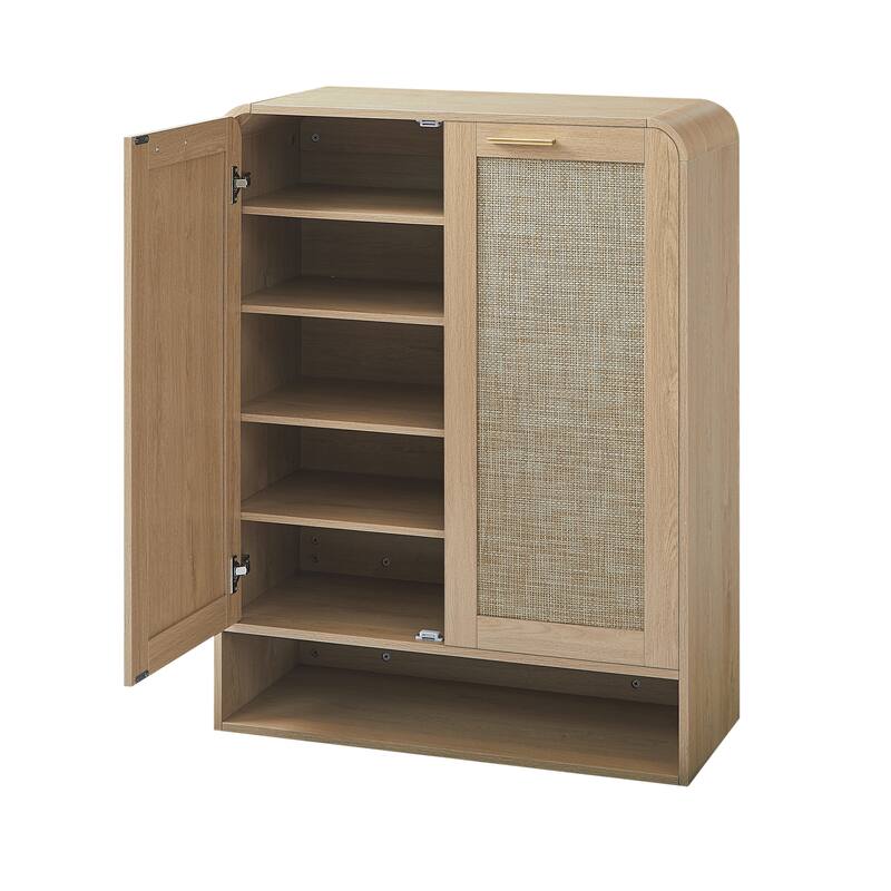 Rattan Shoe Cabinet with Doors & Open Bottom Shelf, Shoe Storage Cabinet with Adjustable Shelves, Wooden Shoes Rack Organizer