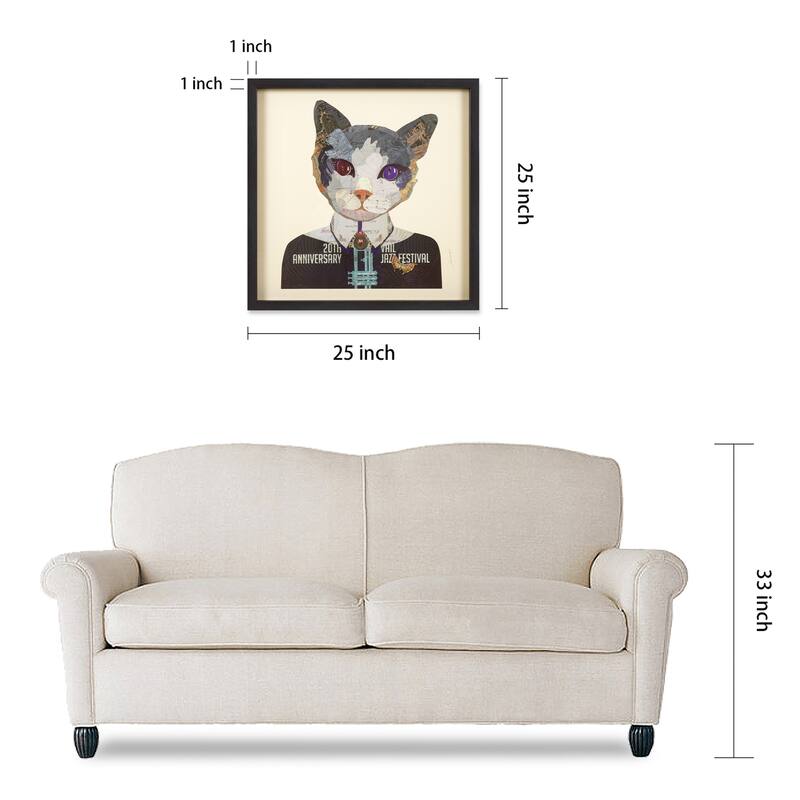 "Funky Cat 2" Dimensional Collage Framed Graphic Art Under Glass Wall Art