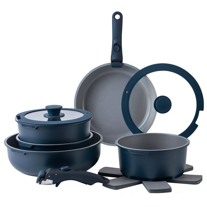 Country Kitchen 16 Piece RV Cookware Set Ceramic with Removable Handle Oven Safe - Blue