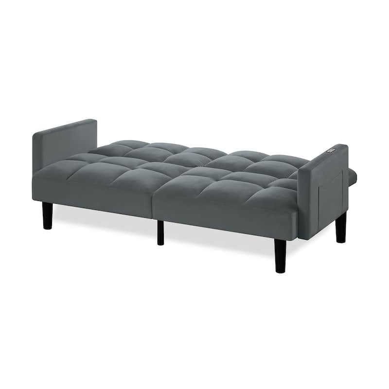 Versatile Adjustable Futon Couch Convertible Velvet Sleeper Sofa Bed with USB, Side Pockets, Chevron Tufting and Tapered Legs
