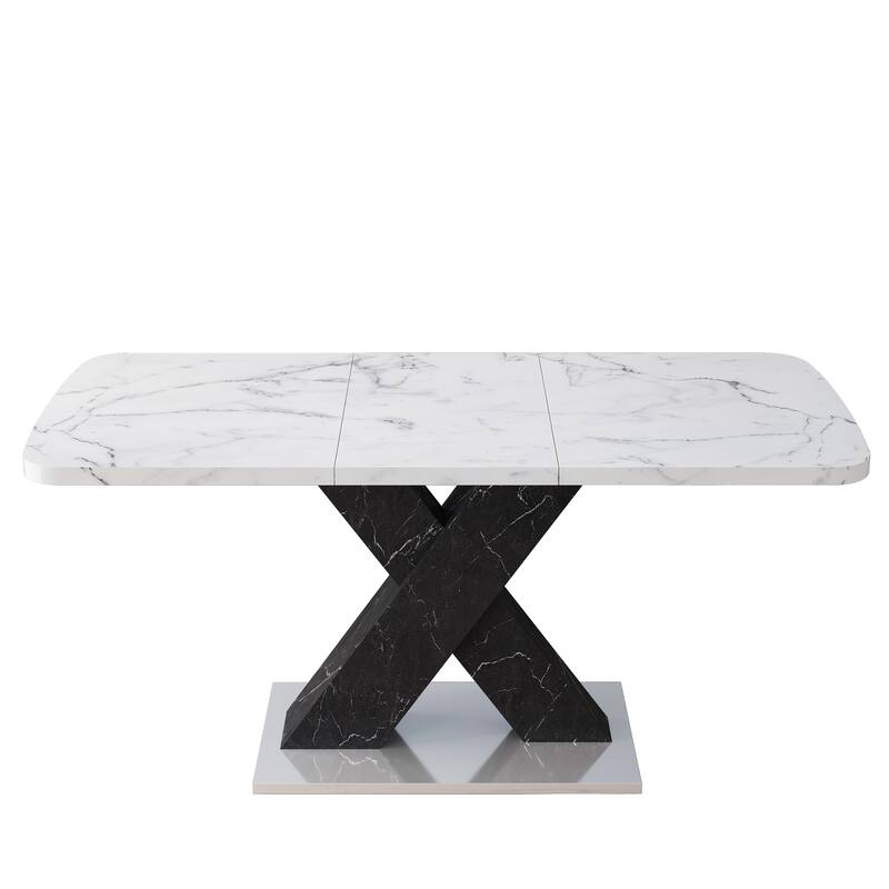 Modern Square Dining Table, Stretchable, with X-Shape Table Leg with Metal Base
