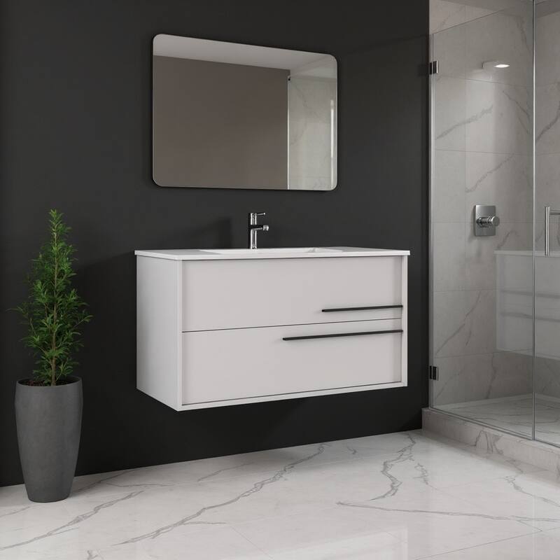 HomeRoots 40" Off White Wood Floating Bathroom Vanity With White Sink And Two Drawers - 40.00 in. x 24.60 in. x 21.60 in. - 40.00 in. x 24.60 in. x 21.60 in. - Polished - Off White